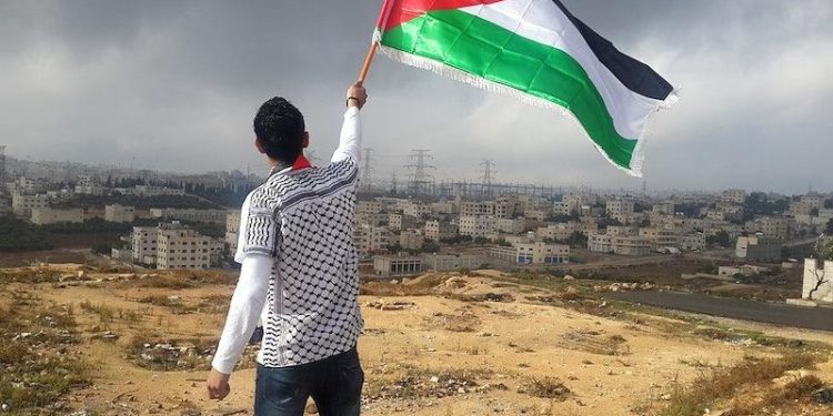 Un joven ondea la bandera de Palestina