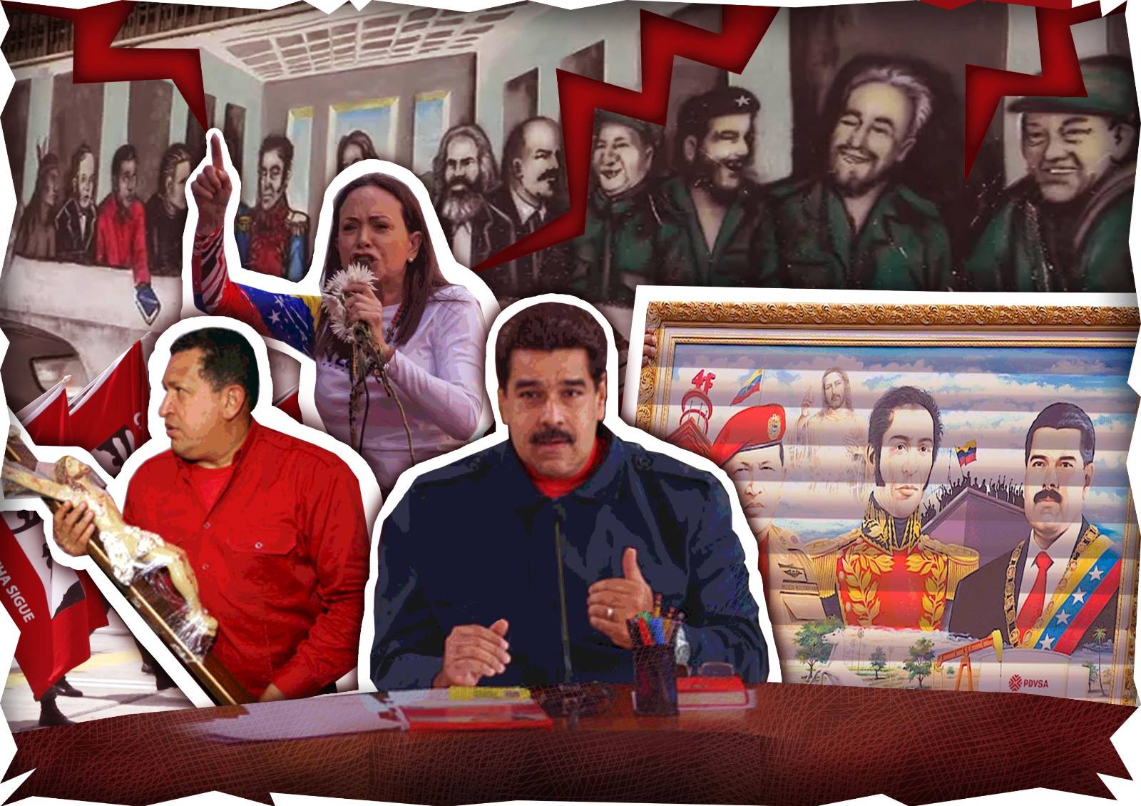 Collage con conceptos relacionados con el discurso bolivariano