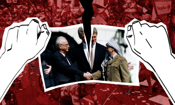 Llamado al boicot a Israel representado por la destrucción de una imagen de los acuerdos de Oslo